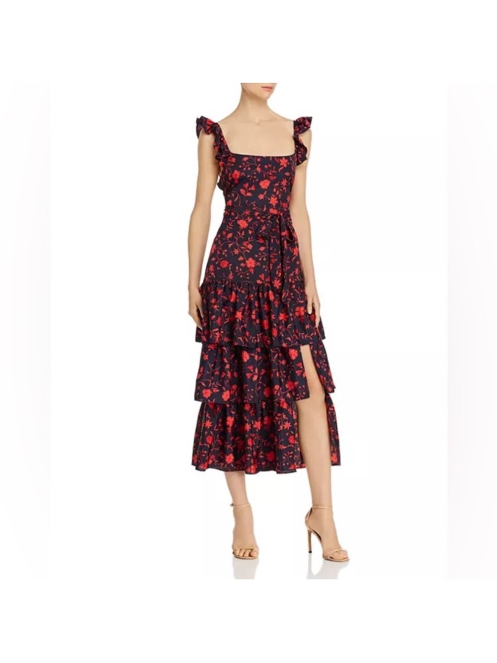 Likely Navy Dress with Red Floral Print and Ruffle Tiers
